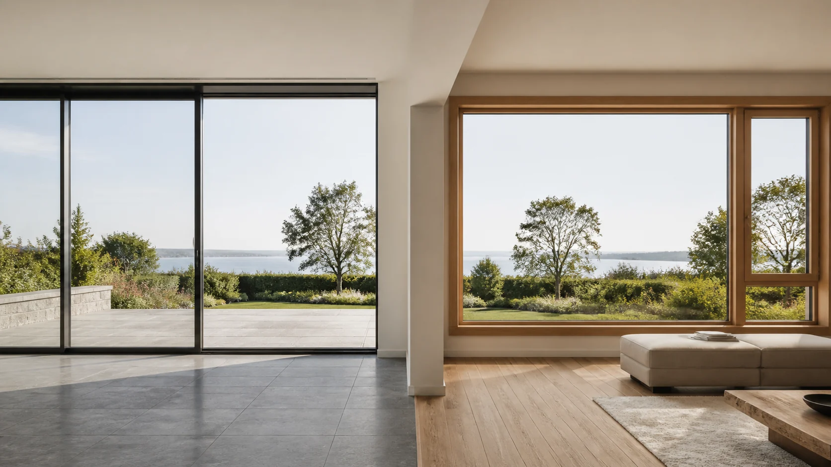 A slim aluminum panoramic window beside a warm wood window