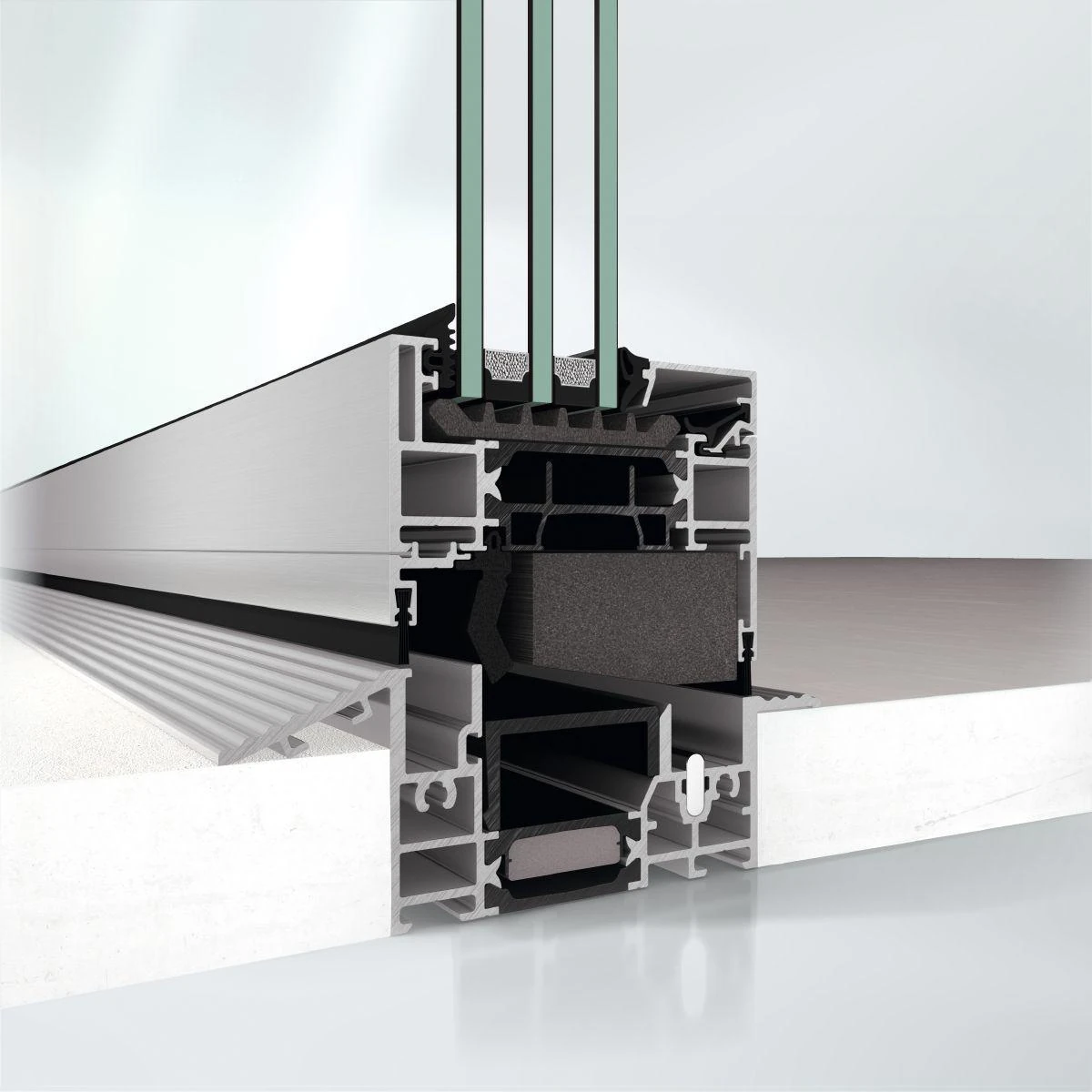 Cross-section of a Schüco bifold door flush threshold