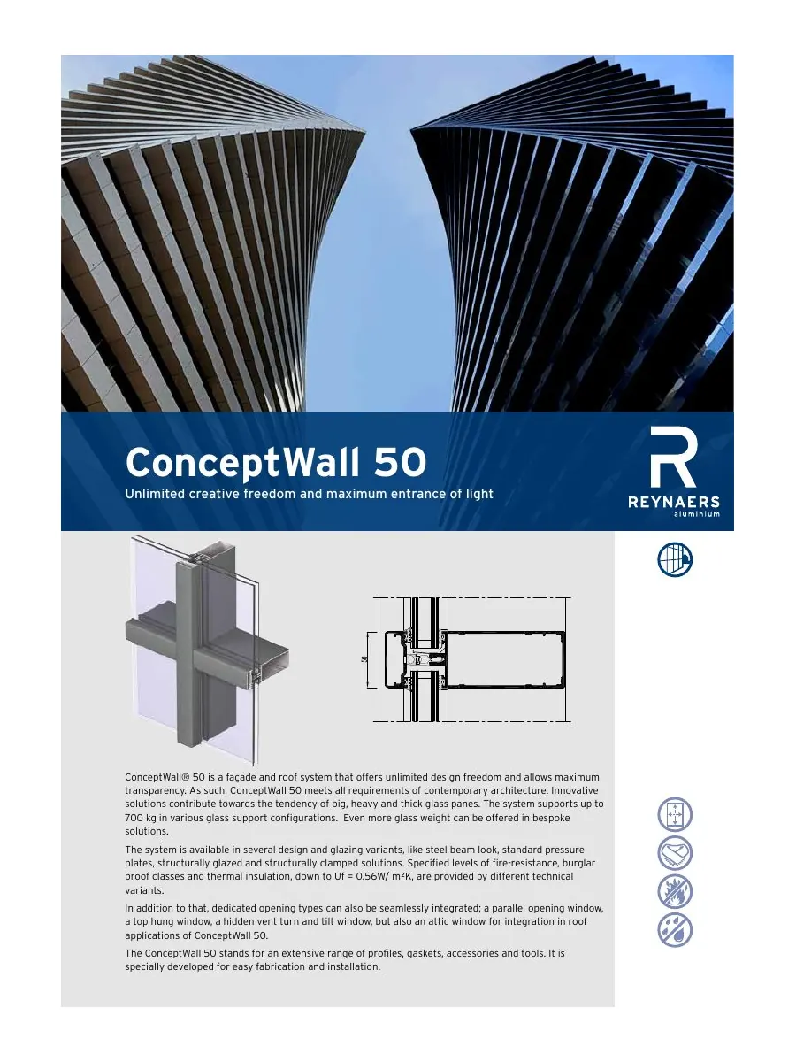Cover of the English Reynaers ConceptWall 50 product brochure
