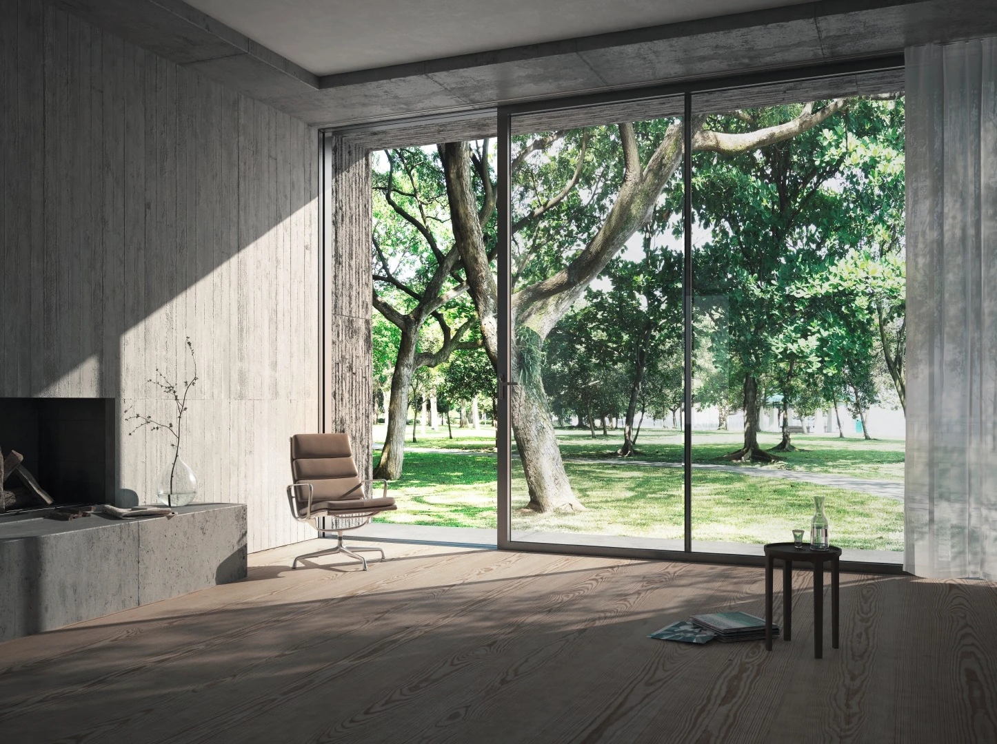 Floor-to-ceiling aluminum sliding glass doors opening a modern home to the landscape