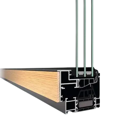 Profile section of Schüco AWS 75.BS.SI+ WoodDesign with aluminum and wood