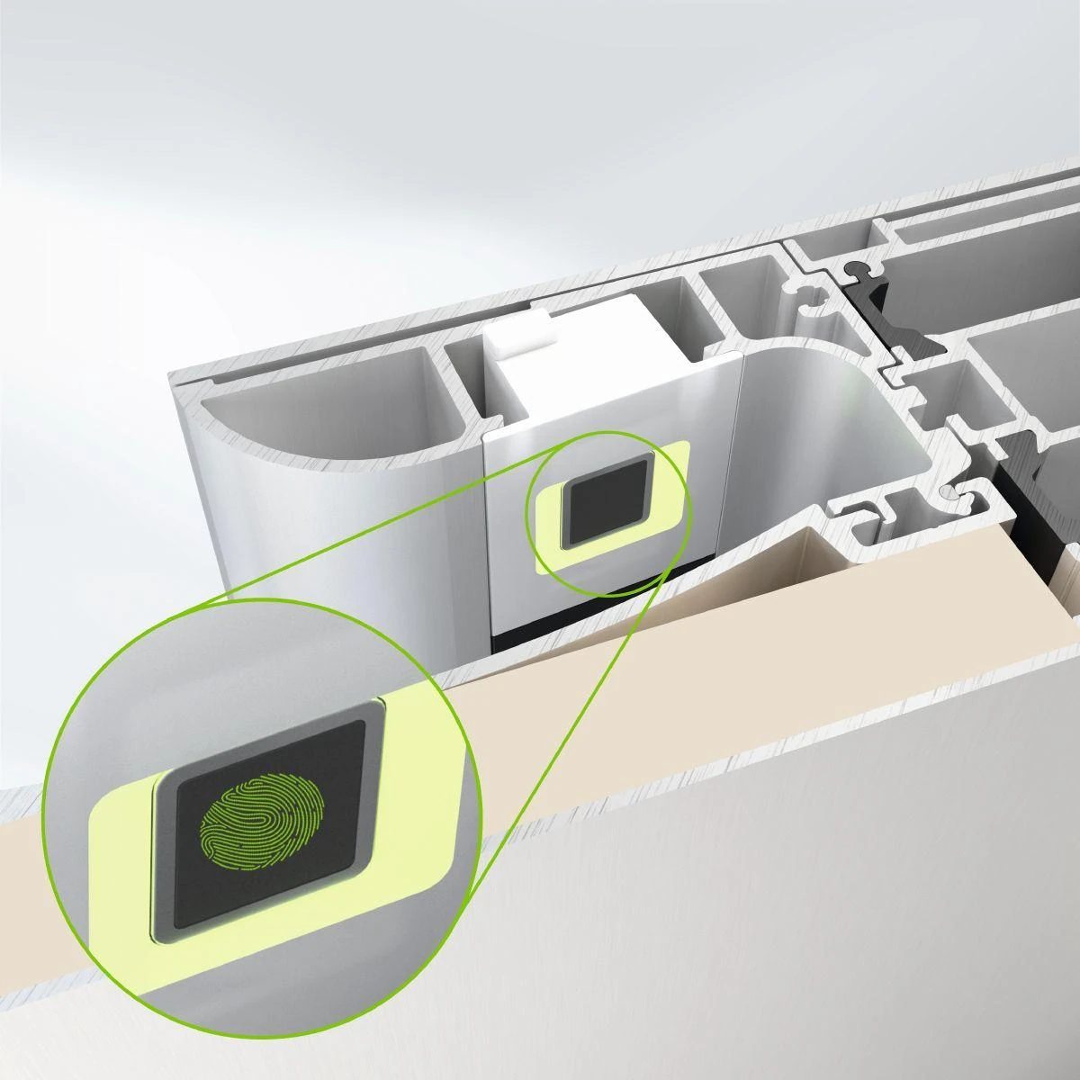 Fingerprint reader integrated into a Schüco aluminum entrance door profile