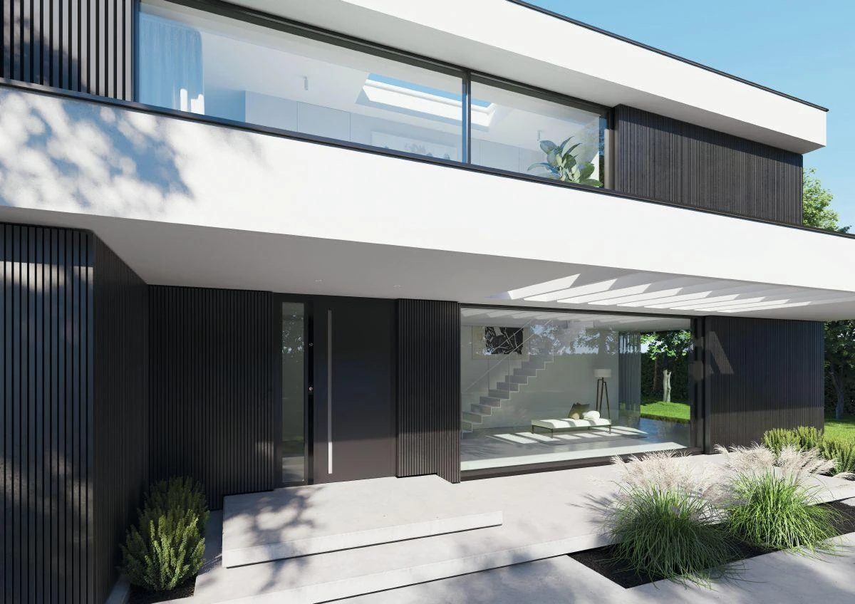 Modern black aluminum front door with sidelight in a contemporary home