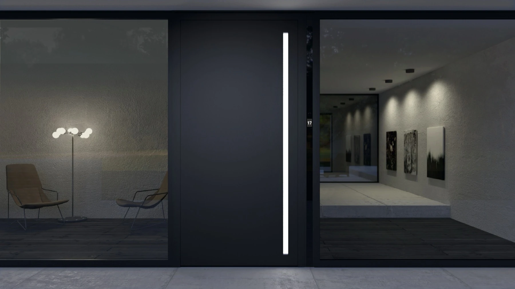 Lighted aluminum front door at night